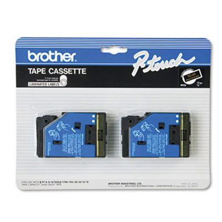 Brother 0.47"x25.5' Tape for P-Touch Labelers, 2 Pack, Gold on Black