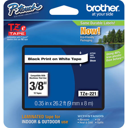 Brother TZe221 9mm (0.35") Black on White Tape, 8m (26.2 ft) Length