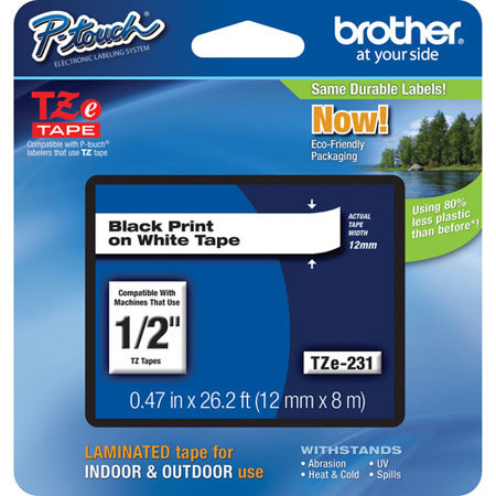 Brother TZe231 12mm (0.47") Black on White Tape for P-Touch, 26.2' Tape Length