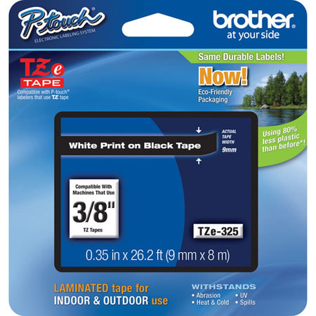 Brother TZe325 0.35" White On Black Tape for P-Touch (26.2 ft)