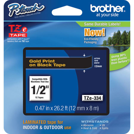 Brother TZe334 0.47" Gold On Black Tape for P-Touch (26.2 ft)