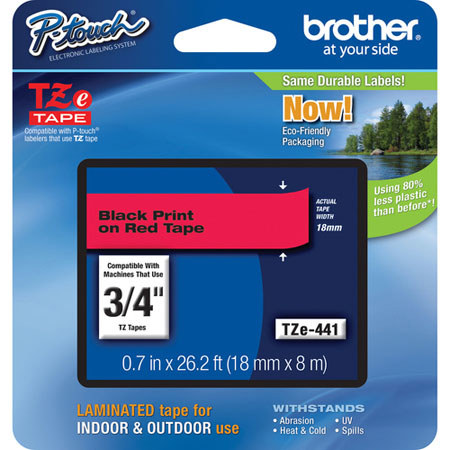 Brother TZe441 18mm (0.7") Black on Red Tape, 8m (26.2 ft) Length