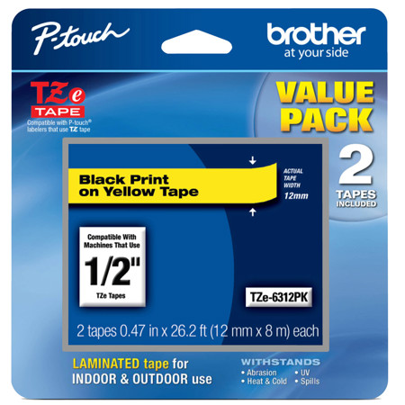 Brother TZe631 0.47"x26.2' Black on Yellow Laminated Tape for P-Touch, 2-Pack