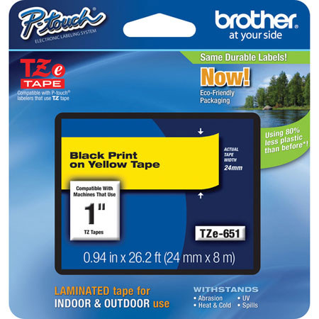 Brother 24mm (0.94") Black on Yellow Tape, 8m (26.2 ft) Length