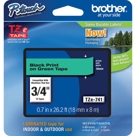 Brother TZe741 18mm (0.7") Black on Green Tape for P-Touch