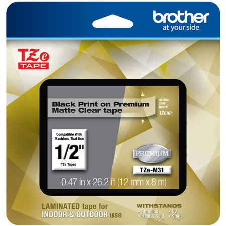 Brother TZe-M31 12mm (0.47") Black on Premium Matte Clear Laminated Labeling Tape for P-touch Printer, 26.2'