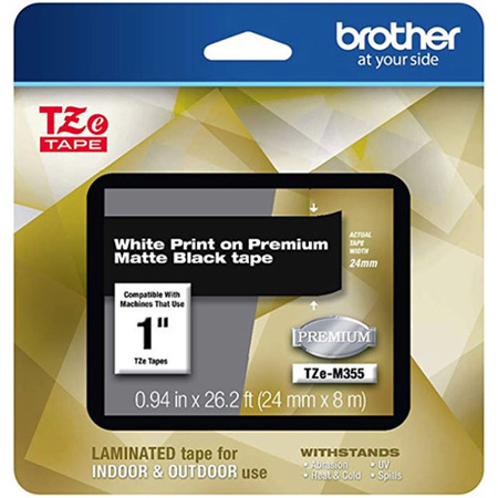 Brother TZe-M355 24mm (0.94") White on Premium Matte Black Laminated Labeling Tape for P-touch Printer, 26.2'