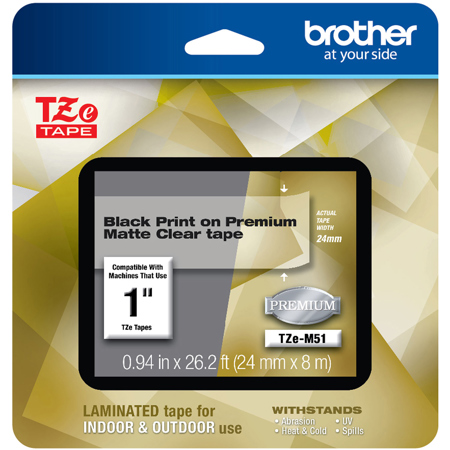 Brother TZe-M51 24mm (0.94") Black on Premium Matte Clear Labeling Tape, 26.2'