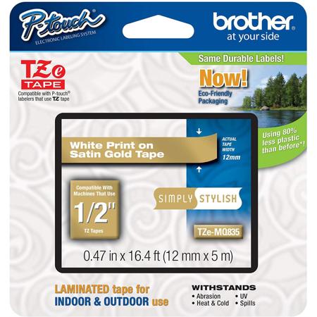 Brother 0.47"x16.4' Laminated Tape for P-Touch Labelers, White on Satin Gold