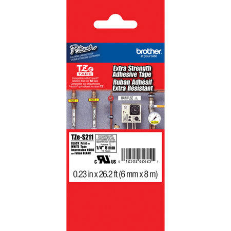 Brother TZeS211 0.23" Black On White Tape with Adhesive (26.2 ft)