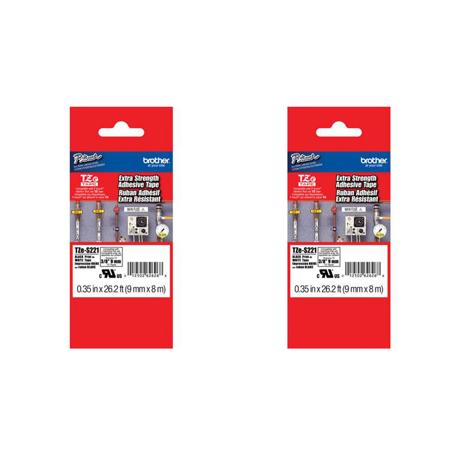 Brother 2 Pack TZeS221 0.35" Black On White Tape with Adhesive (26.2 ft)