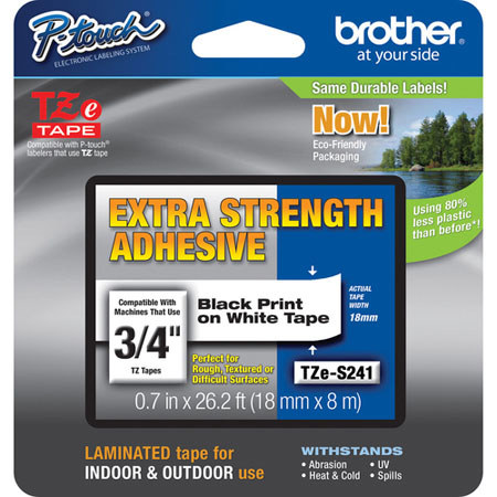 Brother TZeS241 0.7" Black On White Tape with Extra Strength Adhesive (26.2 ft)
