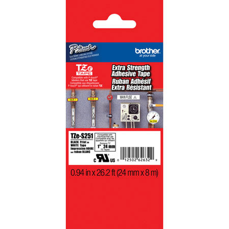 Brother TZeS251 0.94" Black On White Tape with Adhesive (26.2 ft)