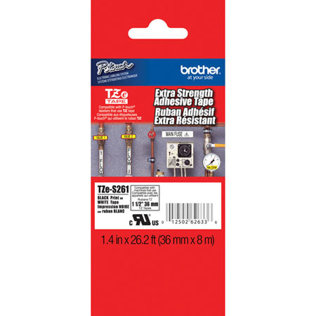 Brother TZeS261 1.4" Black On White Tape with Adhesive (26.2 ft)