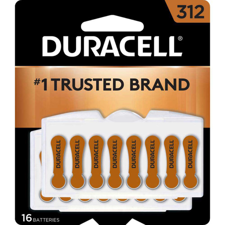 Duracell 1.4V Size 312 Zinc Air Hearing Aid Battery, 16-Pack