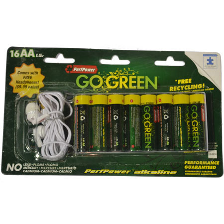 PerfPower Go Green 'AA' Alkaline Batteries (16-Pack) w/FREE Earbuds