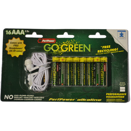 PerfPower Go Green 'AAA' Alkaline Batteries (16-Pack)w/free Earbud