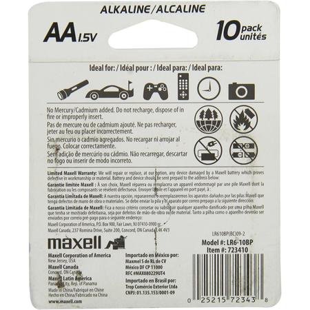 Maxell AA 1.5V Alkaline Battery, 10-Pack