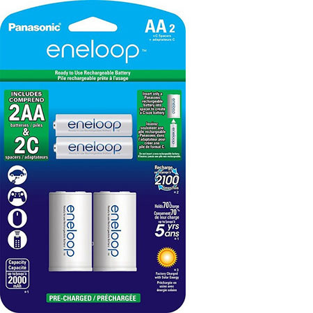 Panasonic Eneloop AA 1.2V 2000mAh Rechargeable Ni-MH Battery with C Spacer, 2100 Recharge Cycles, 2-Pack