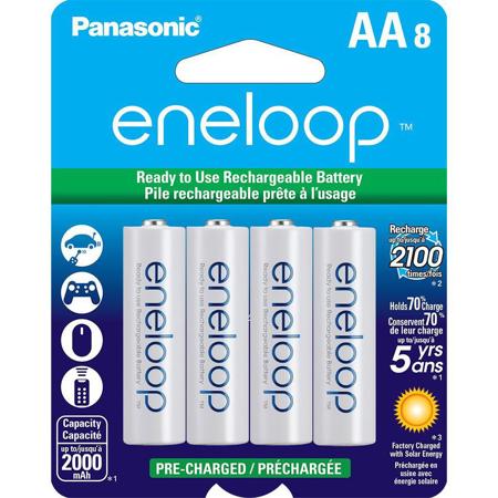 Panasonic Eneloop AA 2000mAh Rechargeable Ni-MH Battery, 2100 Recharge Cycles, 8-Pack