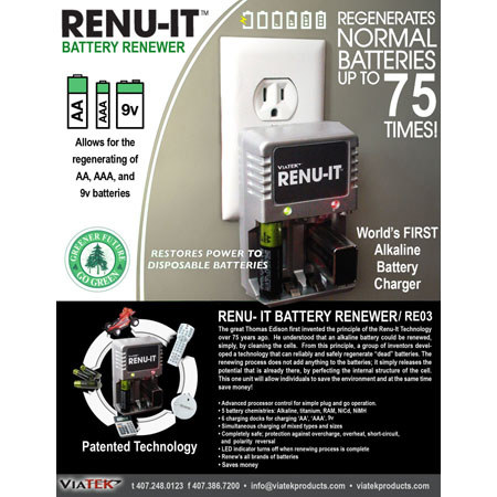 Viatek RE03 ReNu-It Disposable Battery Recharger, 4 Charging Docks