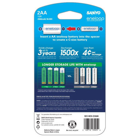 Sanyo Eneloop AA Ni-MH Battery with C Spacer, 2 Pack