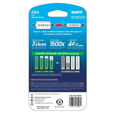 Sanyo Eneloop AA Ni-MH Battery with D Spacer, 2 Pack