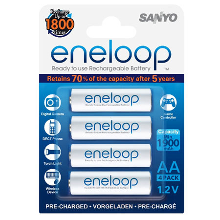 Sanyo Eneloop AA Pre-Charged Rechargeable Batteries, 4 Pack