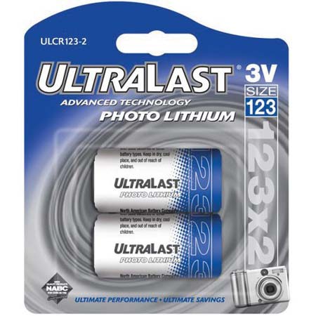 UltraLast CR-123A 3v Lithium Photo Batteries, Pack of 2