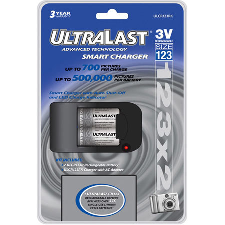 UltraLast CR123 Rechrgbl Li-Ion Batts w/Chrgr,2Batts Pk