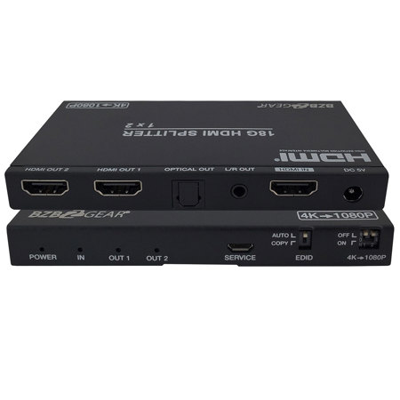 BZB GEAR BG-DA-1X2AS 2-Port 4K 60Hz HDMI Splitter with Down-Scaler, Digital and Analog Audio Output
