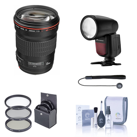 Canon EF 135mm f/2L USM Lens - With FP Zoom Li-on X R2 TTL Round Flash Bundle