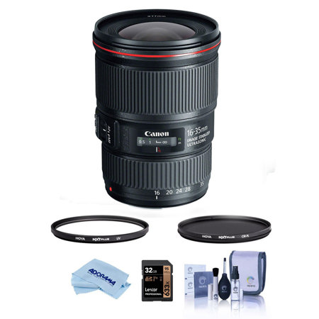 Canon EF 16-35mm f/4.0L IS USM Ultra Wide Angle Zoom Lens USA Warranty - Bundle With Hoya 77mm 10-Layer HMC UV Filter, Hoya 77mm HMC Circular Polarizer Filter, 32GB SDHC Card, Cleaning Kit, Microfiber Cloth