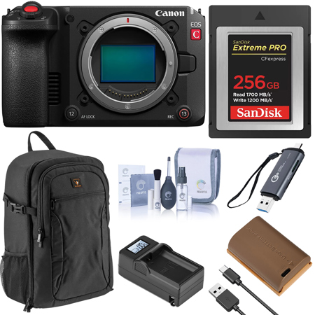 Canon EOS C50 Cinema Camera, Bundle with 256GB CFexpress Type-B Memory Card, Backpack, Extra Battery, Charger Plate, Charger Base, Card Reader and Cleaning Kit