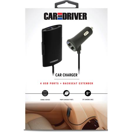 Car and Driver 4-Port USB Car Charger, Black