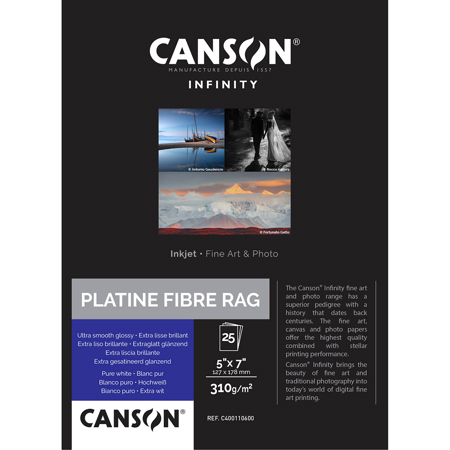Canson Infinity Platine Fibre Rag Bright Satin Inkjet Paper, 310gsm, 25 Sheets 5x7" 25 Sheets