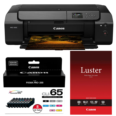 Canon PIXMA PRO-200S 13" Wireless Professional Inkjet Photo Printer, Bundle with CLI-65 Eight Color Ink Tank Value Pack, 50x LU-101 13x19" Pro Luster Photo Paper