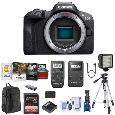 Canon EOS R100 Mirrorless Camera, Bundle with Extra Battery, 128GB Memory Card, Dual Charger, Microphone, Tripod & Backpack