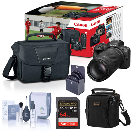 Canon EOS R100 Mirrorless Camera with 18-45mm and 75-300mm Lenses, Bundle with 64GB SDXC Memory Card, Shoulder Bag, 49mm Filter Kit and Cleaning Kit