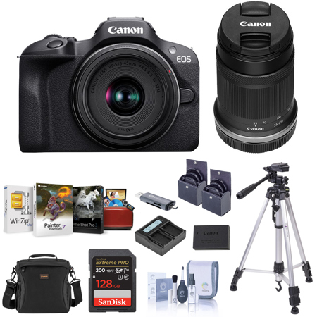 Canon EOS R100 Camera w/RF-S 18-45mm and 55-210mm Lens, Bundle w/Accessory Kit