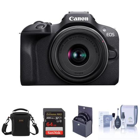 Canon EOS R100 Mirrorless Camera and RF-S 18-45mm f/4.5-6.3 IS STM Lens, Bundle with Memory Card, Shoulder Bag & Filter Kit