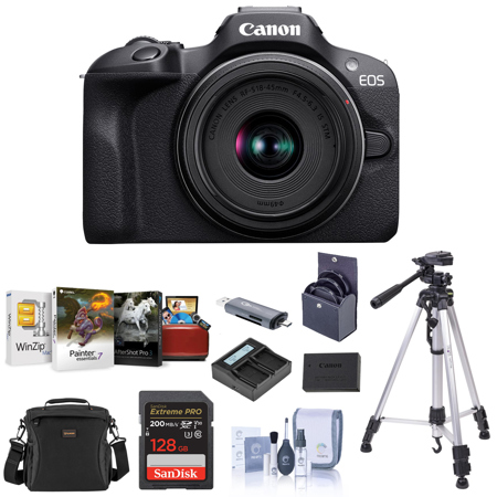 Canon EOS R100 Mirrorless Camera and RF-S 18-45mm f/4.5-6.3 IS STM Lens, Bundle with Extra Battery, Memory Card, Dual Charger, Tripod & Software Kit