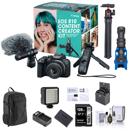 Canon EOS R10 Mirrorless Camera with RF-S 18-45mm f/4.5-6.5 IS STM Lens, Bundle with 128GB Memory Card, Backpack, TASC300 Mic, MT-11 Tripod, 49mm Filter Kit, Extra Battery, Smart Charger, Screen Protector and Cleaning Kit