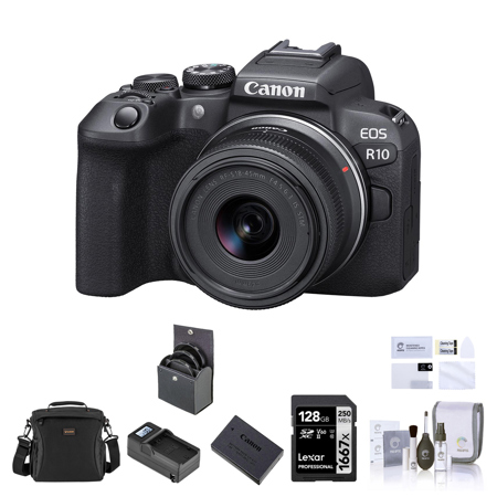 Canon EOS R10 Mirrorless Camera with RF-S 18-45mm f/4.5-6.3 Lens, Bundle w/128GB Card, Extra Battery, Smart Charger, 49mm Filter Kit, Shoulder Bag, Screen Protector & Cleaning Kit