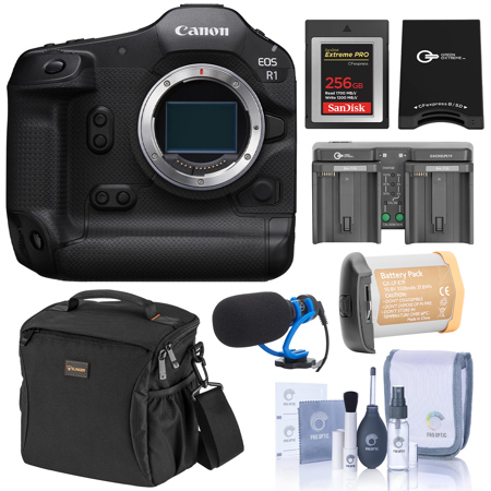 Canon EOS R1 Mirrorless Camera, Bundle with Alpine 140 Shoulder Bag, 256GB Memory Card, LP-E19 Battery, Dual Battery Charger, TASC300 Microphone, Memory Card Reader, Cleaning Kit