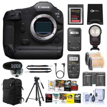 Canon EOS R1 Mirrorless Camera, Bundle with Zoom Li-on R2 Speedlight, 256GB Memory Card, Roller Bag, 2x LP-E19 Battery, Dual Battery Charger, Shotgun Mic, Memory Card Reader, Tripod, Sling Strap, Software Kit for PC, Software Kit for Mac, Transmitter, Receiver