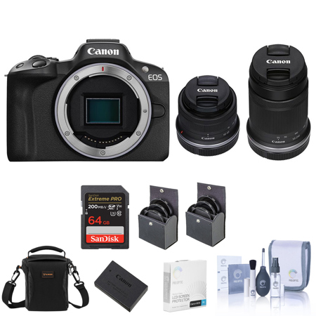 Canon EOS R50 Camera, Black with RF-S 18-45mm f/4.5-6.3, RF-S 55-210mm f/5-7.1 Lens, Extra Battery, 64GB SD Card, Shoulder Bag, Screen Protector, 55mm and 49mm Filter Kit, Cleaning Kit