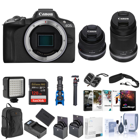 Canon EOS R50 Camera, Black w/ RF-S 18-45mm f/4.5-6.3, RF-S 55-210mm f/5-7.1 Lens, Corel PC Software Kit, 128GB SD Card, Backpack, Battery, Charger, Tripod, Mic, Screen Protector, and Accessories
