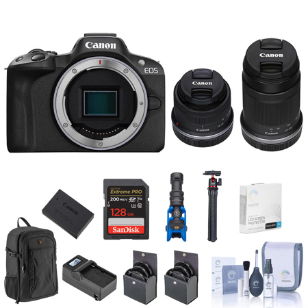 Canon EOS R50 Camera, Black with RF-S 18-45mm f/4.5-6.3, RF-S 55-210mm f/5-7.1 Lens, 128GB SD Card, Backpack, Battery, Charger, Mic, Tripod, Screen Protector, 55mm & 49mm Filter Kit, Cleaning Kit