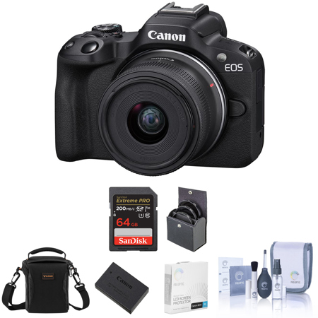 Canon EOS R50 Mirrorless Camera, Black with RF-S 18-45mm f/4.5-6.3 IS STM Lens, Extra Battery, 64GB SD Card, Shoulder Bag, Screen Protector, 49mm Filter Kit, Cleaning Kit